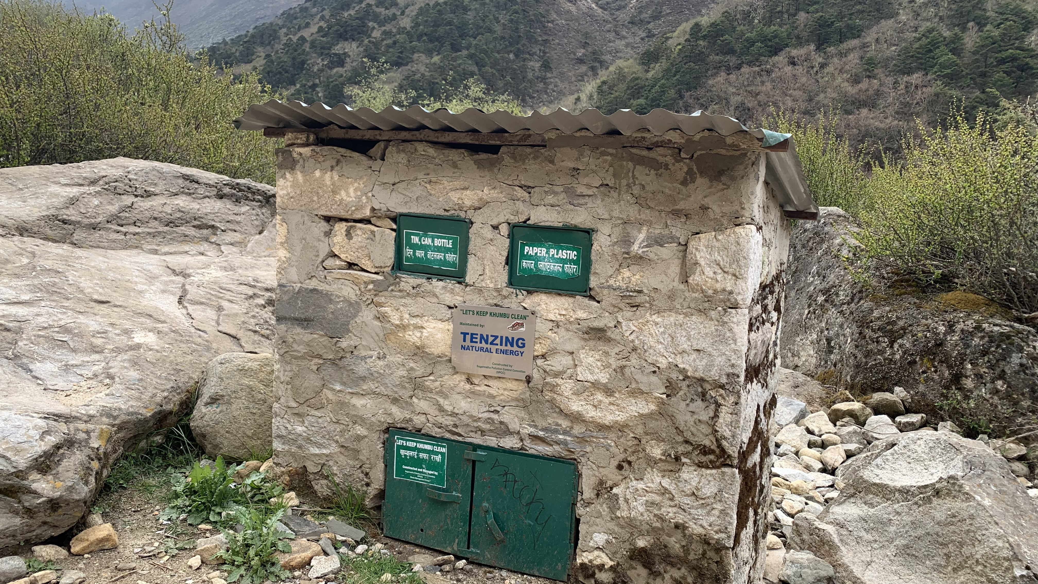 A recycling bin on the trek to Everest Base Camp