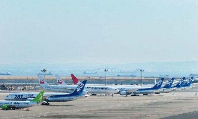 A row of grounded Boeing 787 Dreamliner planes at Tokyo International Airport on Jan. 31.