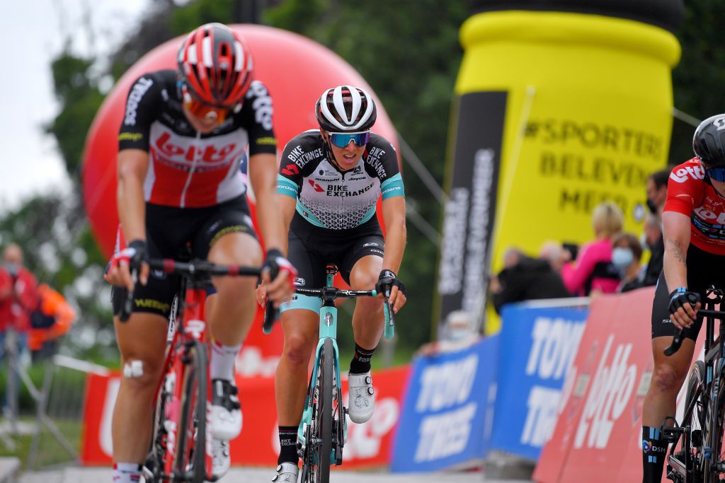 GERAARDSBERGEN BELGIUM JUNE 25 Janneke Ensing of The Netherlands and Team Bikeexchange at arrival during the 9th Lotto Belgium Tour 2021 Stage 3 a 1011km stage from Geraardsbergen to Geraardsbergen 101m LottoBelgTour LottoBelgiumTour on June 25 2021 in Geraardsbergen Belgium Photo by Luc ClaessenGetty Images
