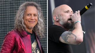 Photos of Metallica's Kirk Hammett and Meshuggah's Jens Kidman performing onstage