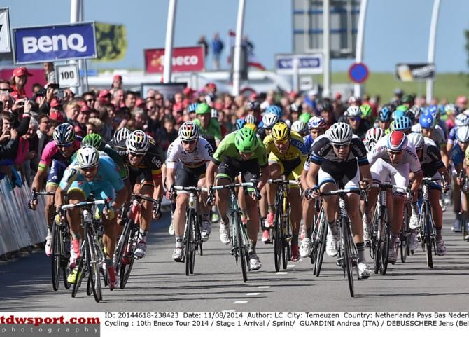 Andrea Guardini (Astana) is chased down in the sprint