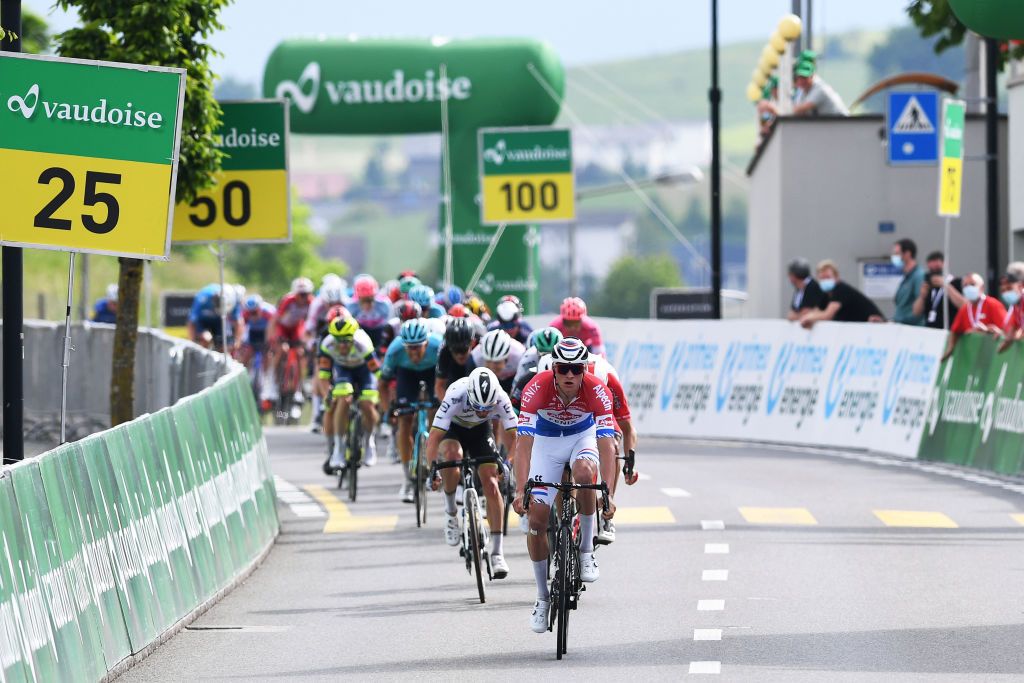 PFAFFNAU SWITZERLAND JUNE 08 Julian Alaphilippe of France and Team Deceuninck QuickStep Michael Matthews of Australia and Team Bikeexchange Christophe Laporte of France and Team Cofidis Mathieu Van Der Poel of Netherlands and Team AlpecinFenix sprint at arrival during the 84th Tour de Suisse 2021 Stage 3 a 185km stage from Lachen to Pfaffnau 509m UCIworldtour tds tourdesuisse on June 08 2021 in Pfaffnau Switzerland Photo by Tim de WaeleGetty Images