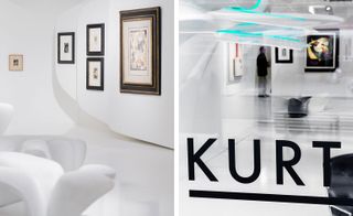 Pictured left: marble ’Nekton’ stools by Hadid with Schwitters’ works beyond. Right: Hadid’s ’Vortexx Chandelier’ hangs inside the gallery entrance