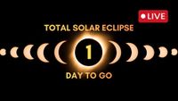 the background is an image of a total solar eclipse there is a "live" graphic in the top right corner and the worlds "total solar eclipse" "days to go" in the center. In the middle there is a 1 inside the eclipsed sun to show the countdown to the eclipse.