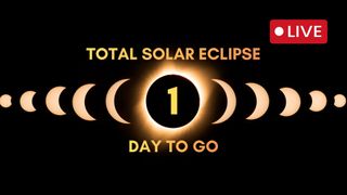 the background is an image of a total solar eclipse there is a "live" graphic in the top right corner and the worlds "total solar eclipse" "days to go" in the center. In the middle there is a 1 inside the eclipsed sun to show the countdown to the eclipse.