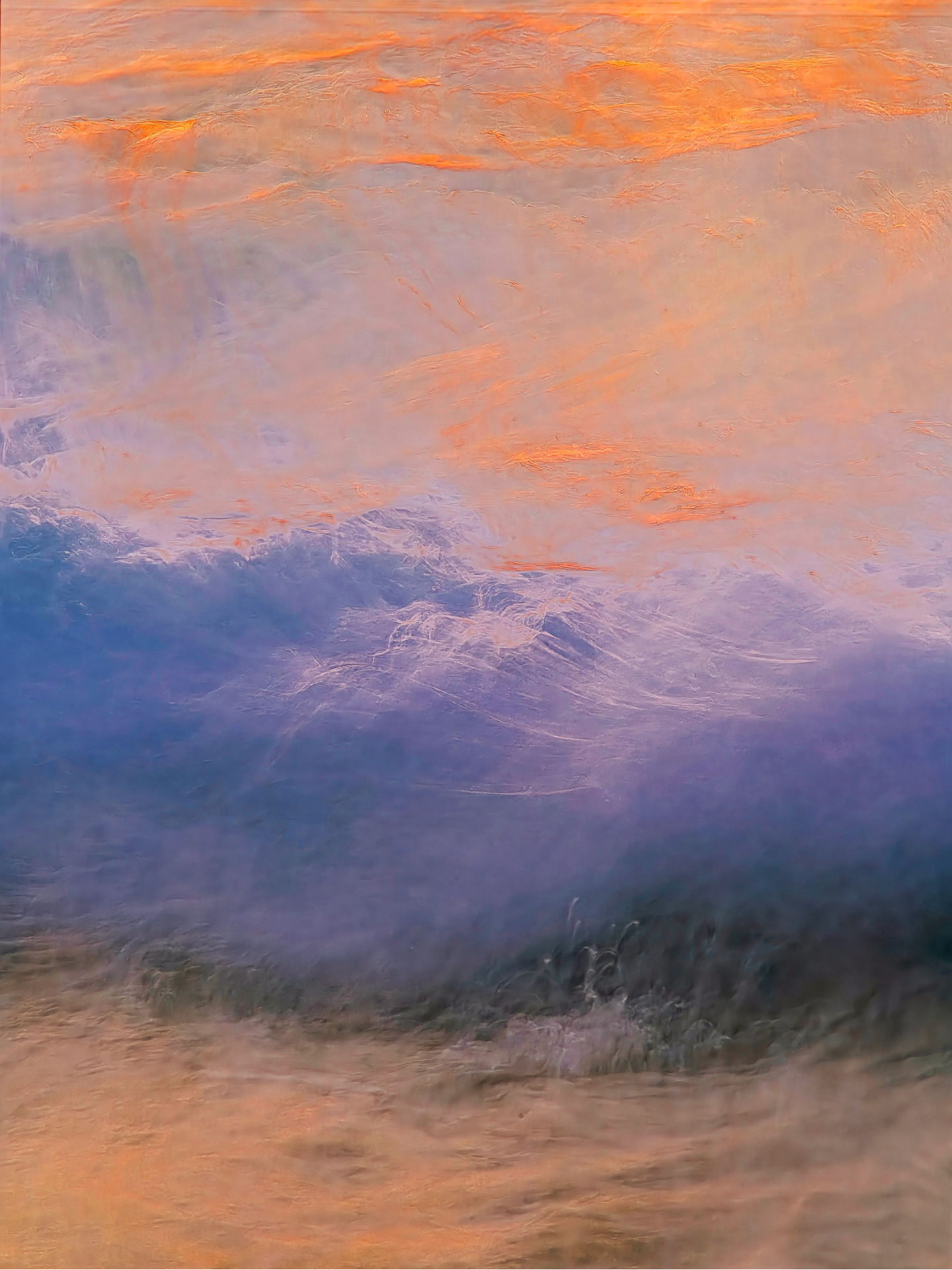 A soft, ethereal abstract reminiscent of a landscape painting, featuring hazy layers of violet and blue topped with a textured, glowing orange sky.