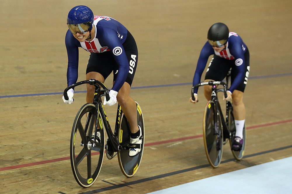 Mandy Marquardt of the USA leads team mate Madalyn Godby in the Women's Team Sprint