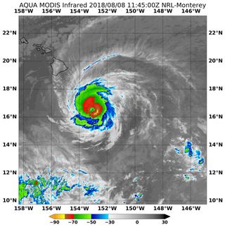 NASA's Aqua satellite found the coldest temperatures and most powerful parts of Hurricane Hector. This image shows the satellite's reading on Aug. 8, 2018, at 7:45 a.m. EDT (1145 GMT).
