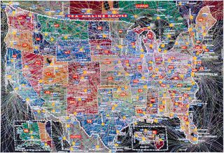 Hand-drawn colourful map of USA airline routes