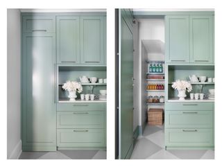 Kitchen with green cabinetry and understairs pantry with two tone neutral floor and white walls