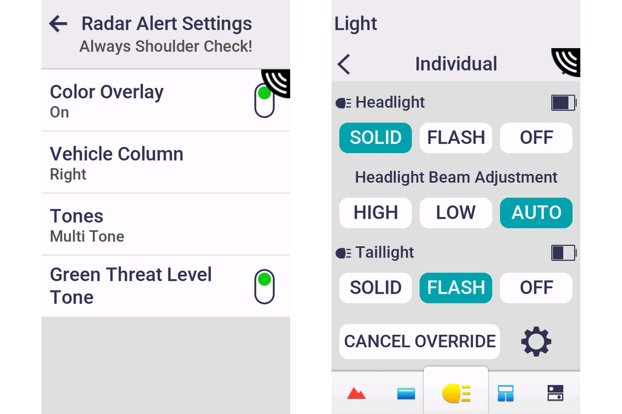 Setup pages for the Lezyne Radar Drive Rear displayed on a Garmin Edge 1050