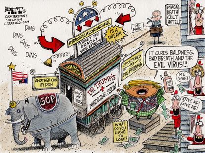 Political Cartoon GOP Trump showman circus coronavirus elixr