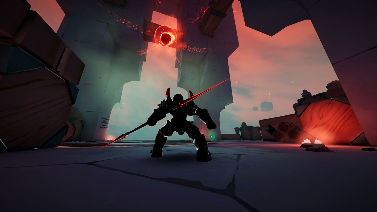 Enemy in midst of massive structure posing while holding spear