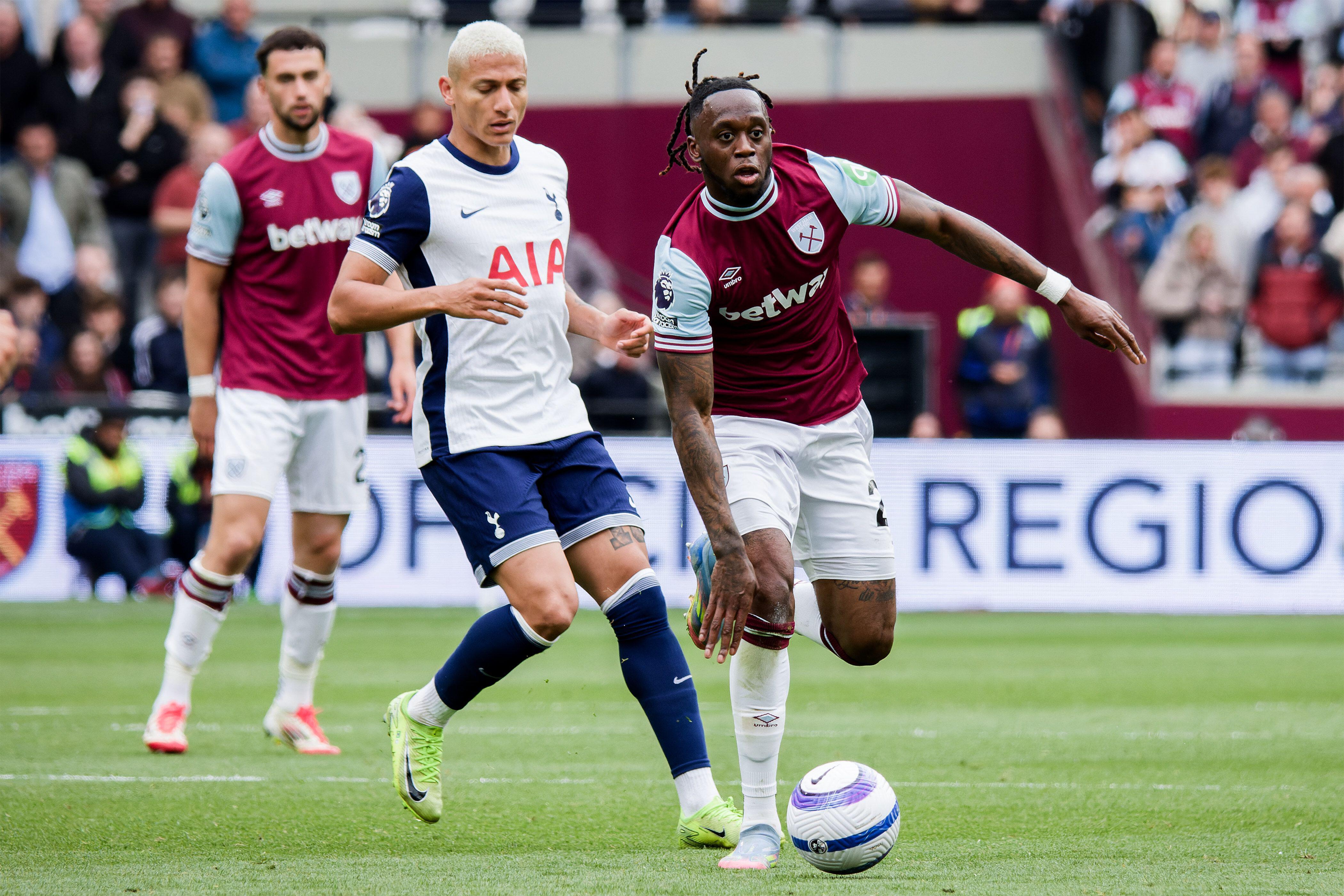 Aaron Wan-Bissaka playing for West Ham against Tottenham, May 2025