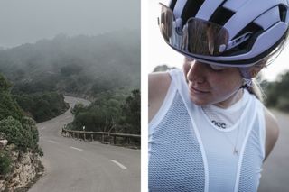 A winding road and a woman wearing a POC Omne helmet