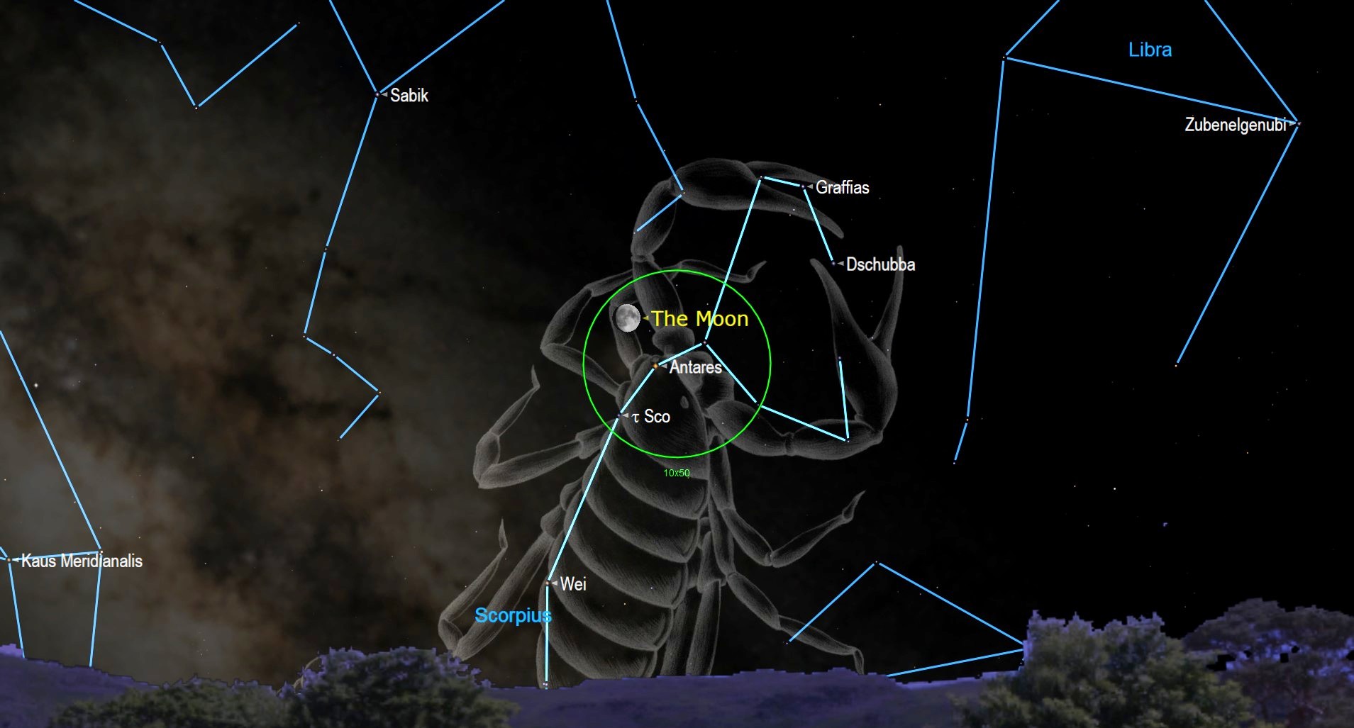 Starry Night graphic showing the moon and Antares in close proximity. 