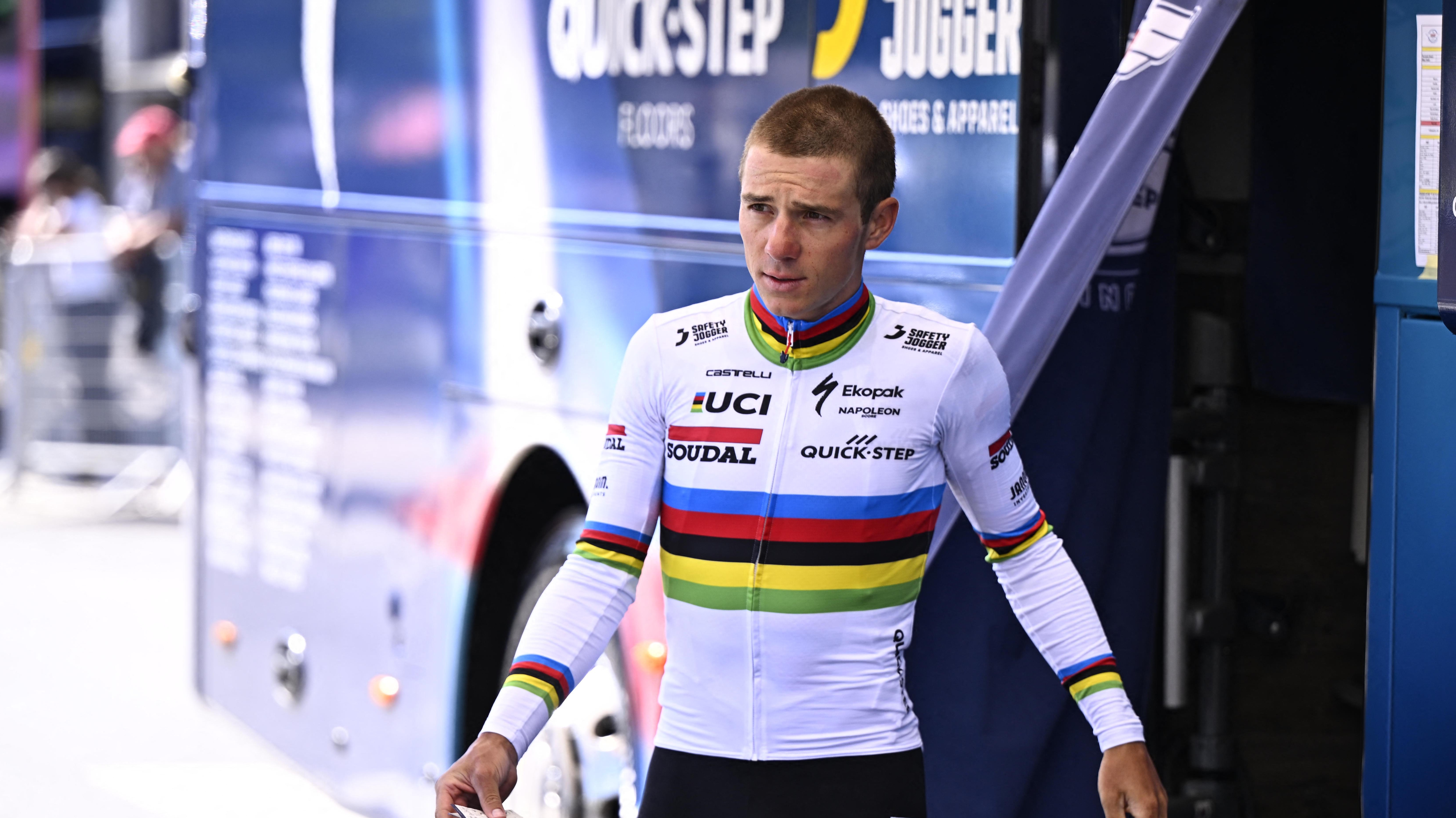 Remco Evenepoel walks off the team bus at Stage 5 of the Tour de France