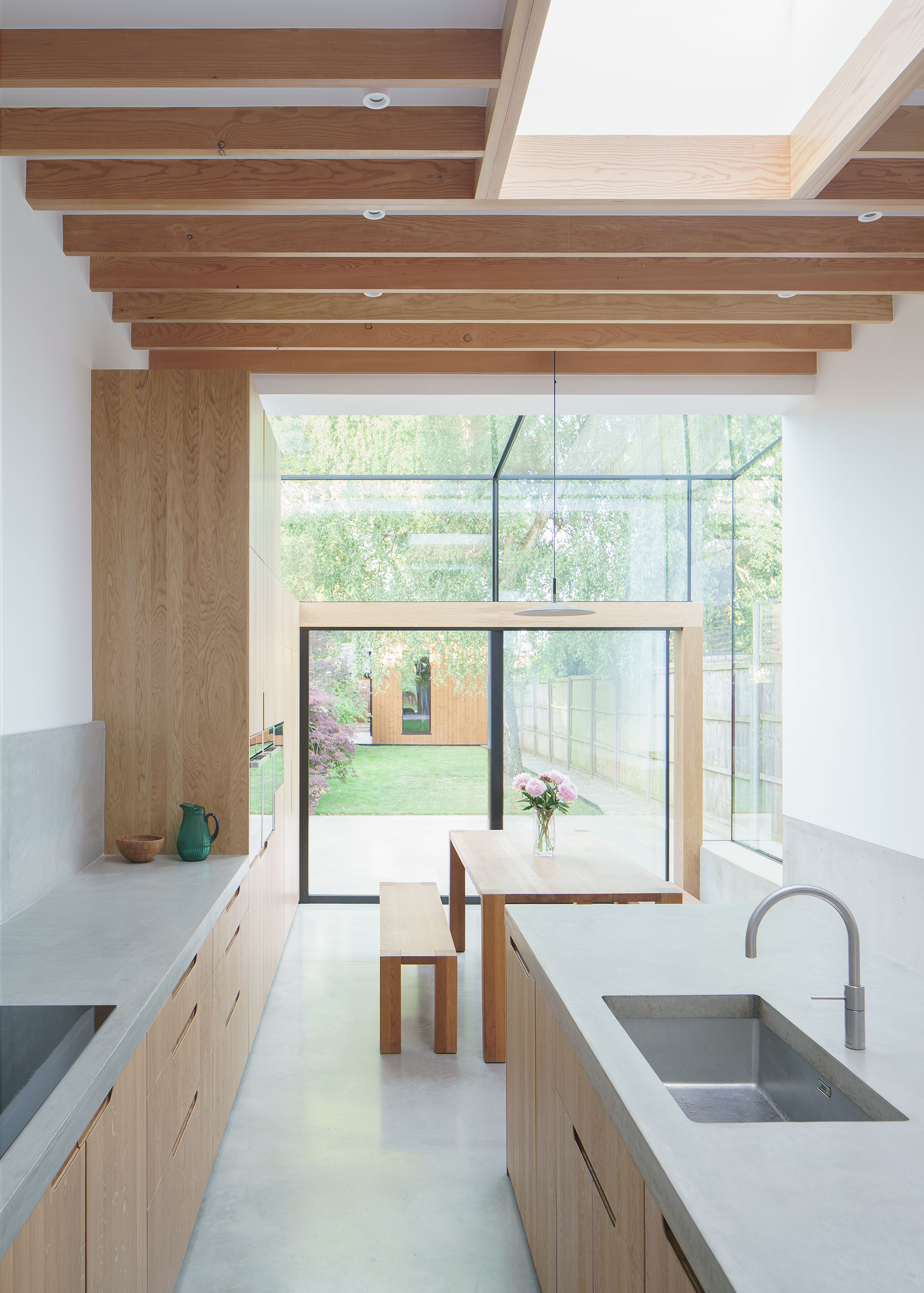 modern wooden kitchen extension with full height glazing