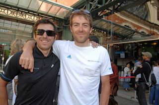 Team Sky team mates Russell Downing and Alex Dowsett in Covent Garden at the Tour of Britain route launch