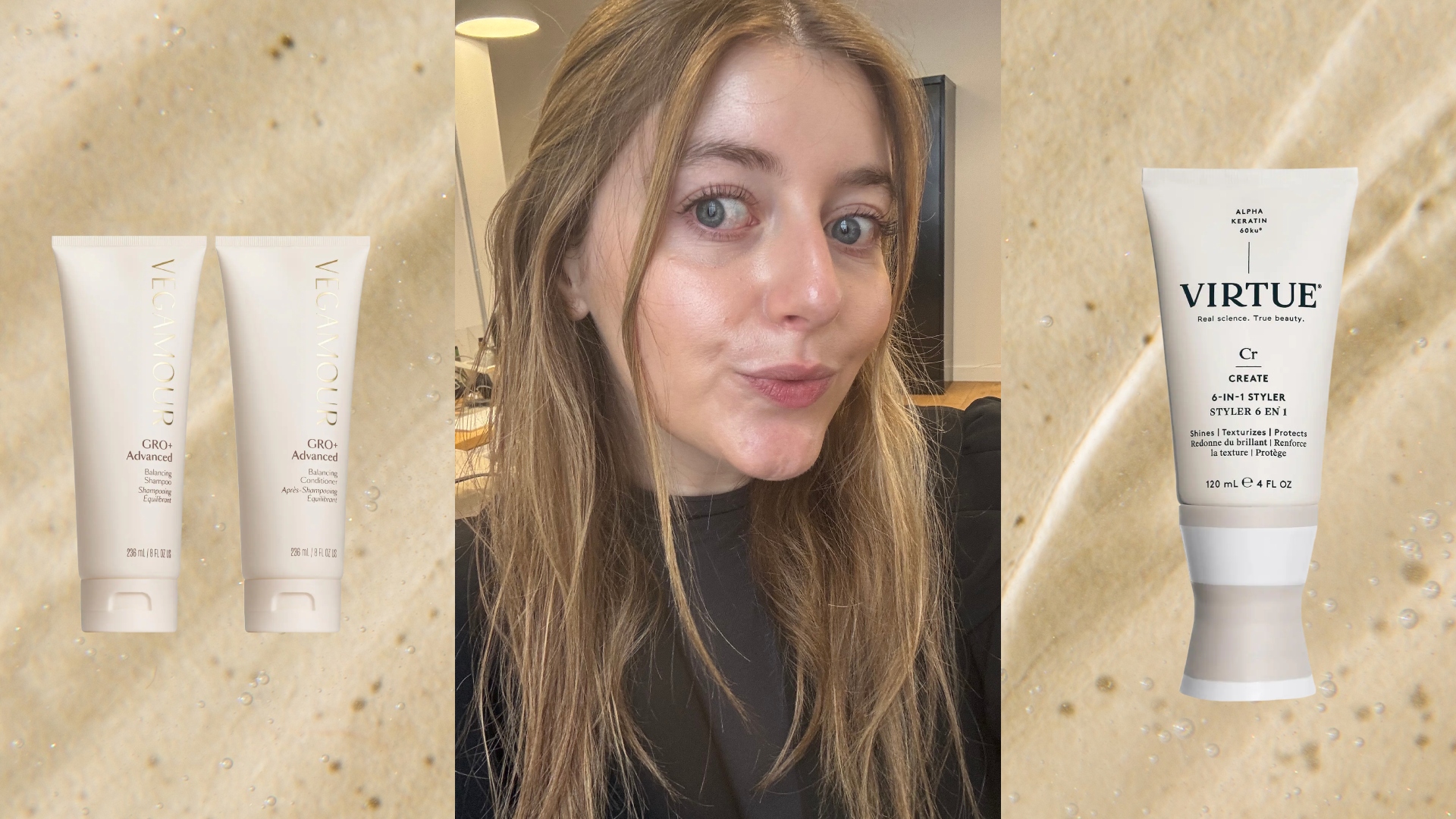 samatha holender on a cream bubble background next to air dry prodcuts