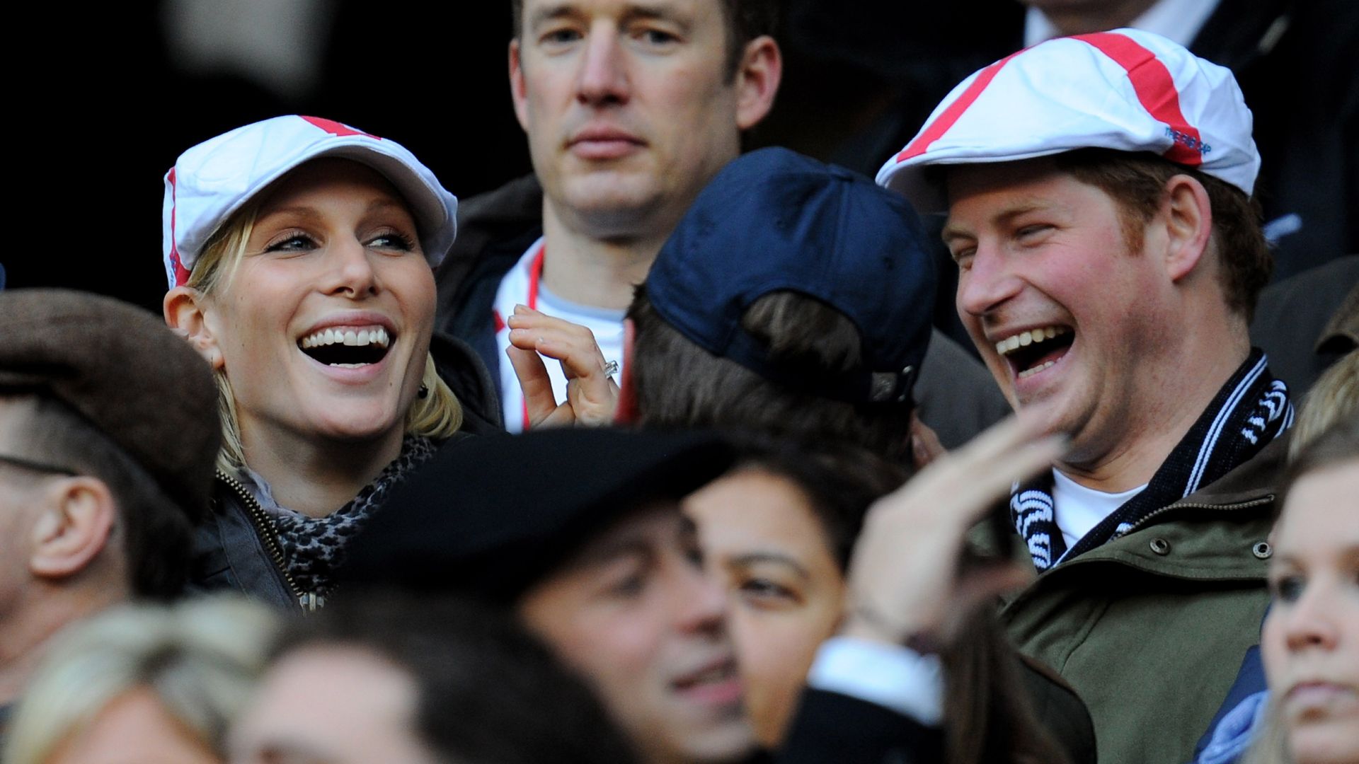 Zara Phillips and Prince Harry at the RBS 6 Nations Championship match between England and France at Twickenham Stadium on February 26, 2011