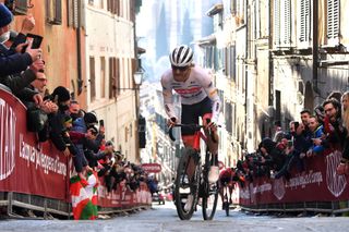 SIENA ITALY MARCH 05 Quinn Simmons of United States and Team Trek Segafredo competes in the final climb during the Eroica 16th Strade Bianche 2022 Mens Elite a 184km one day race from Siena to Siena Piazza del Campo 321m StradeBianche WorldTour on March 05 2022 in Siena Italy Photo by Luc ClaessenGetty Images