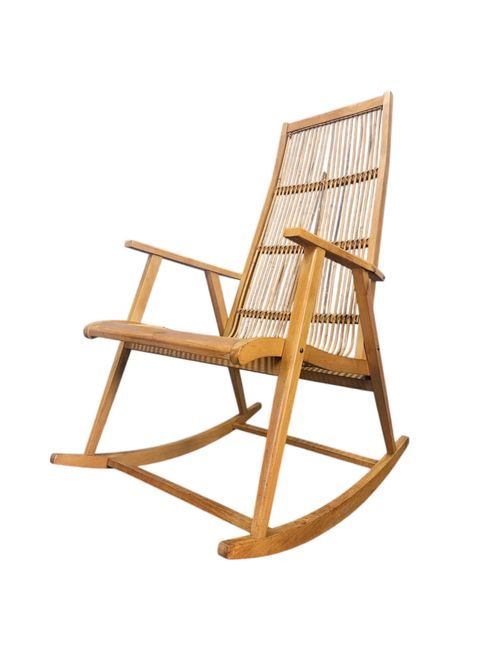 Midcentury Wood and Rattan Rocking Chair