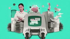 Photo composite illustration of an AI computer in an office setting with an unhappy female co-worker