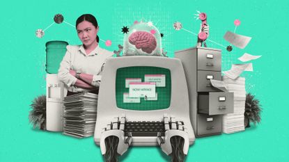 Photo composite illustration of an AI computer in an office setting with an unhappy female co-worker