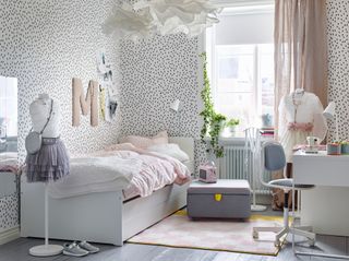 Ikea children's room with polka dot wallpaper