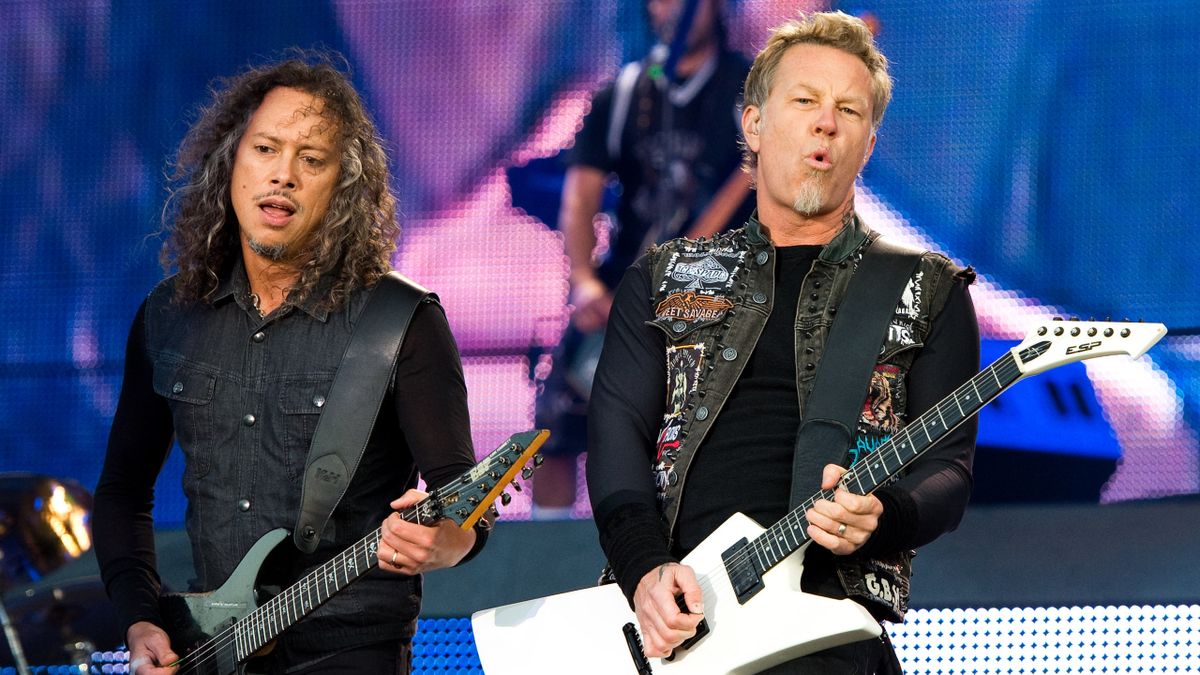 James Hetfield and Kirk Hammett of Metallica onstage in 2012