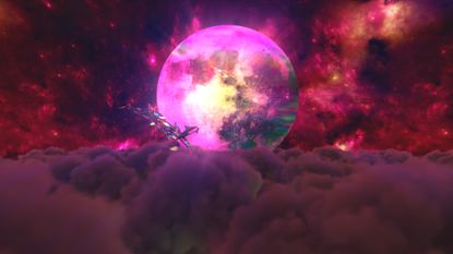 New Moon July 2022: Diamond dolphins jump out of the clouds against the backdrop of the moon. Red color. 3d illustration - stock photo