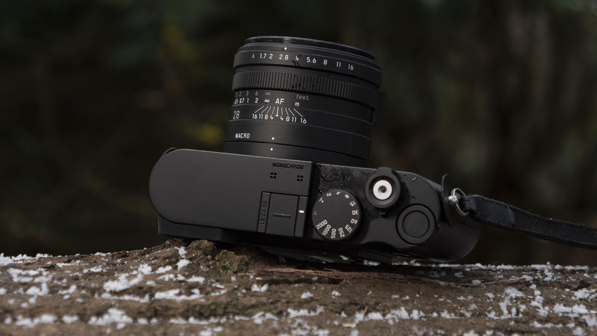 Leica Q3 Monochrom compact camera outside on a snow-dusted log