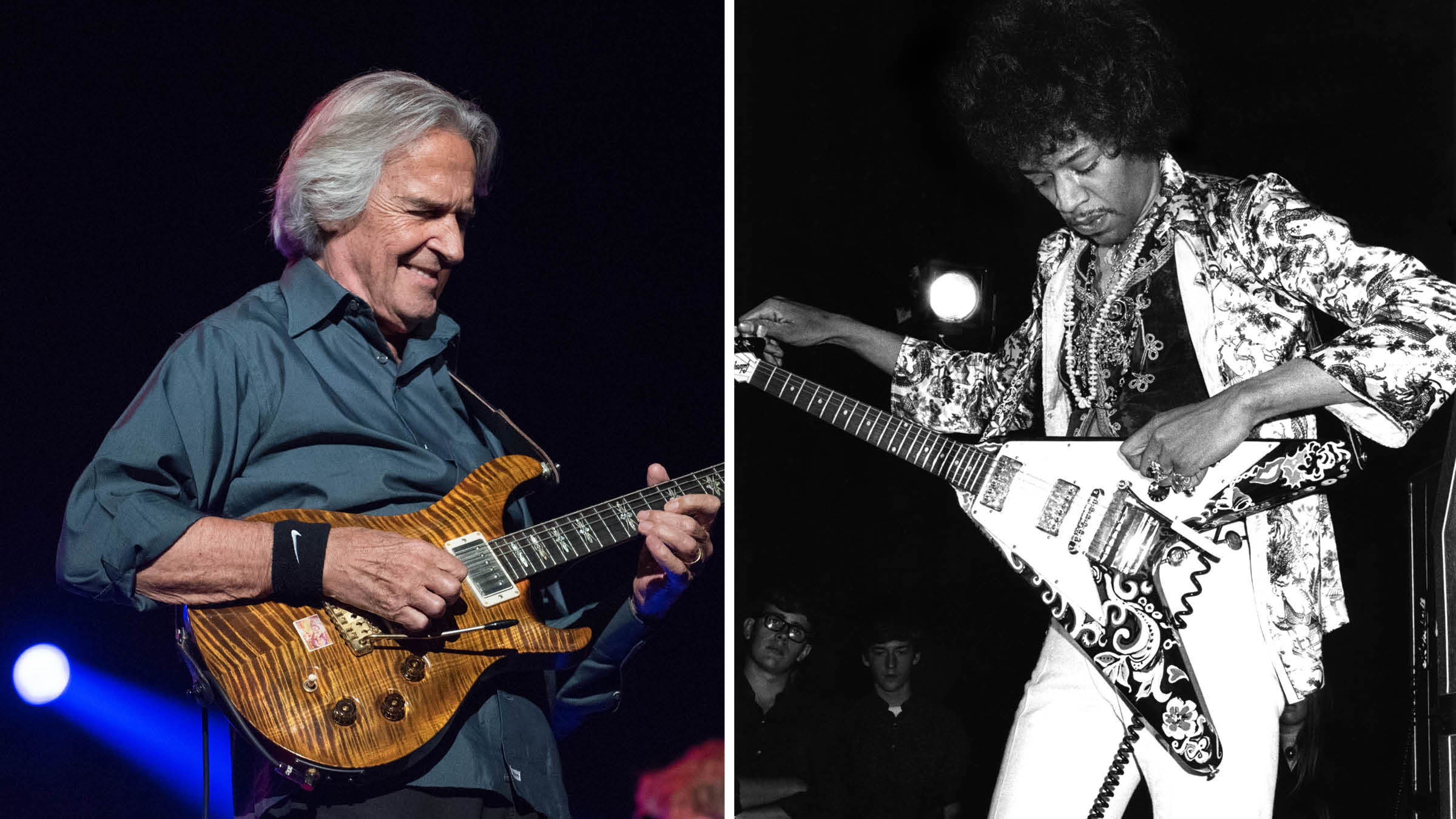 John McLaughlin plays his PRS live onstage. He wears a black tennis wristband; the guitar has a highly figured flame maple top and he wears a blue shirt. On the right, Jimi Hendrix plays his Gibson Flying V with the psychedelic paint job.