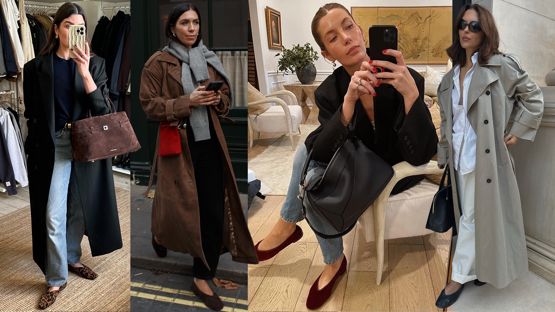 fashion collage featuring four style influencers including Anna Howard, Jessica Skye, Courtney Grow, and Debora Rosa, wearing chic outfits with v-cut flats