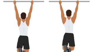 Vector of man doing dead hang exercise on pull-up bar