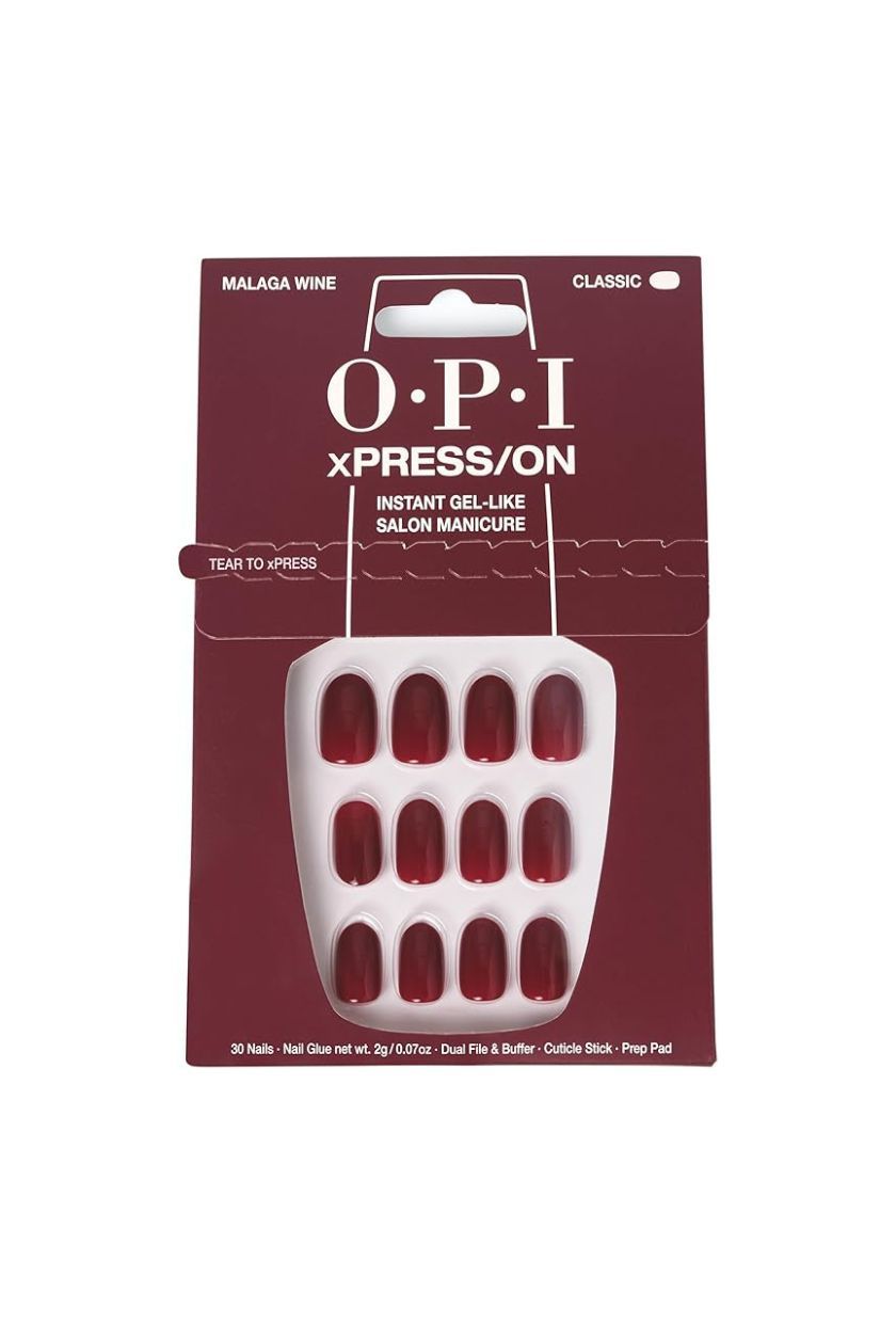 Opi Xpress/on Malaga Wine - Dark Red Short Round Press on Nails - With Nail Glue - Long Lasting, Reusable & Non-Damaging Short False Nails