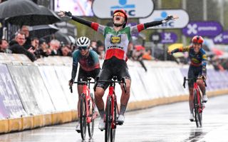 Italian Elisa Longo Borghini of Lidl-Trek celebrates after winning the women's race of the 'Ronde van Vlaanderen/ Tour des Flandres/ Tour of Flanders' one day cycling event, 163km with start and finish in Oudenaarde, Sunday 31 March 2024. BELGA PHOTO LAURIE DIEFFEMBACQ (Photo by LAURIE DIEFFEMBACQ / BELGA MAG / Belga via AFP) (Photo by LAURIE DIEFFEMBACQ/BELGA MAG/AFP via Getty Images)