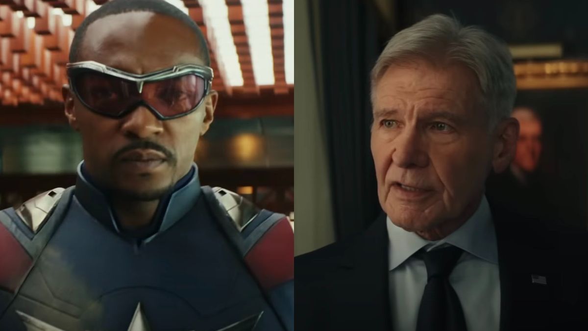 Sam Wilson (Anthony Mackie) looks ahead, while Thaddeus &quot;Thunderbolt&quot; Ross (Harrison Ford) speaks in Captain America: Brave New World