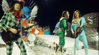 Noddy Holder, Don Powell, Dave Hill and Jim Lea of Slade perform on a Christmas TV show in December 1973 in Hilversum, netherlands
