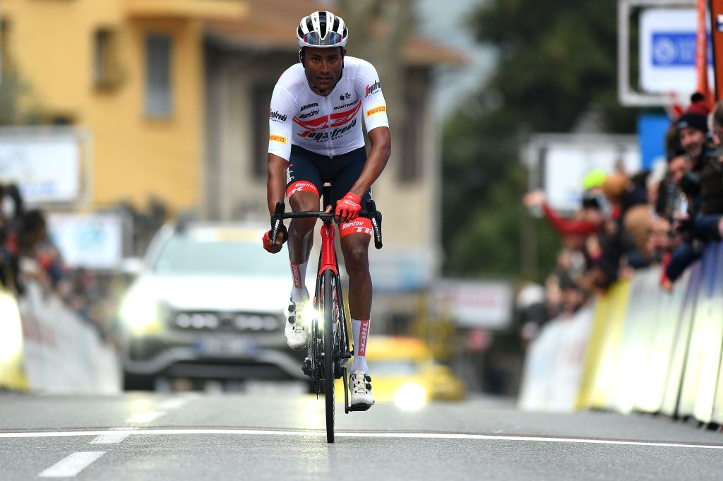 LA TURBIE FRANCE FEBRUARY 19 Werkilul Amanuel Ghebreigzabhier of Eritrea and Team Trek Segafredo crosses the finishing line during the 54th Tour Des Alpes Maritimes Et Du Var Stage 2 a 1491km stage from PugetThniers to La Turbie on February 19 2022 in La Turbie France Photo by Dario BelingheriGetty Images
