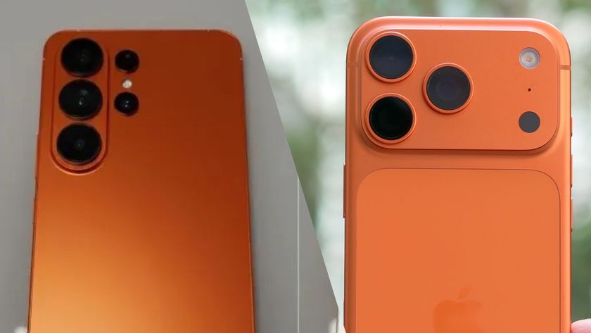 Galaxy S26 Ultra in orange next to iPhone 17 Pro