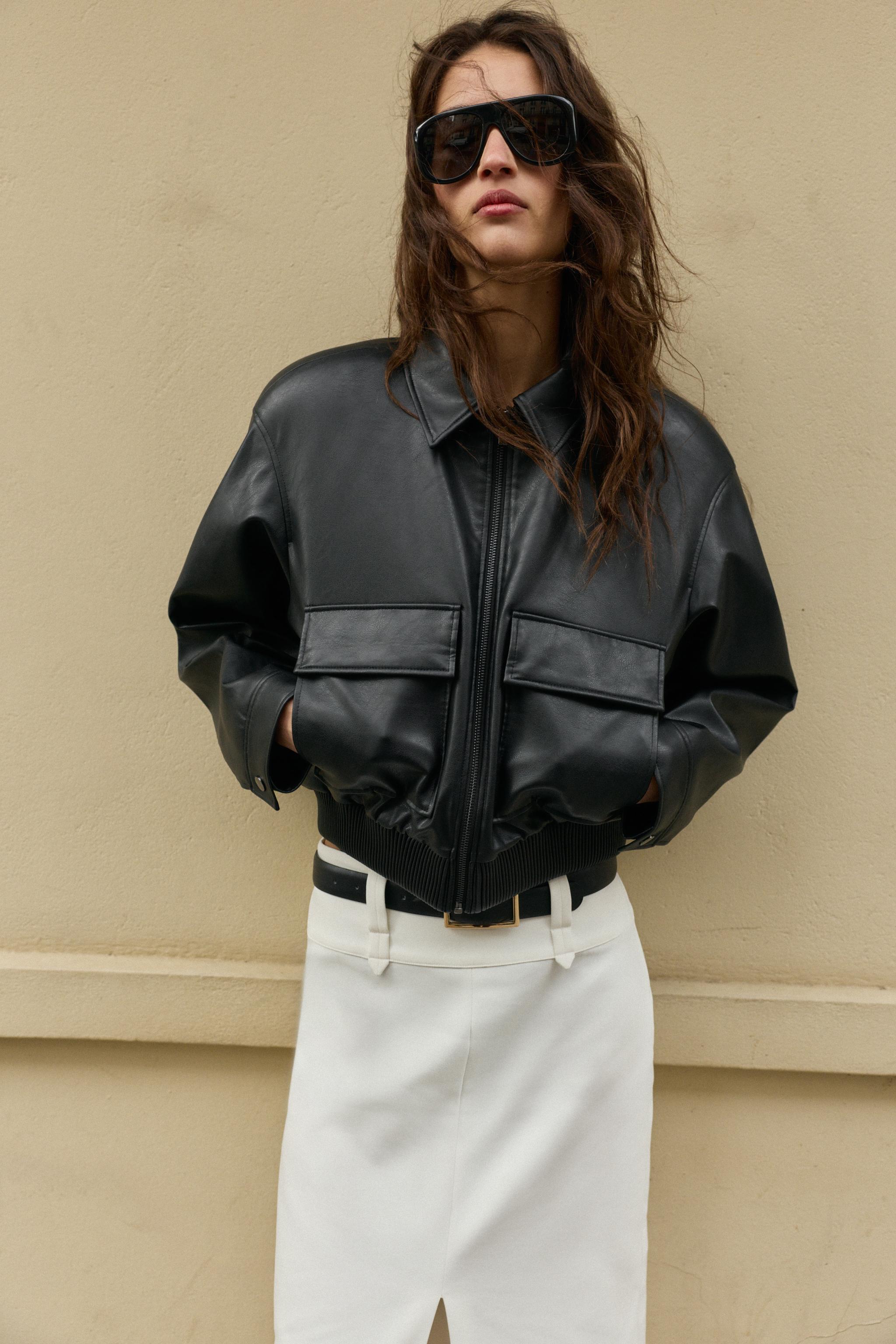 Faux Leather Bomber Jacket With Shoulder Pads