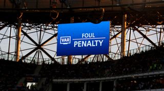 The big screen inside the stadium shows that a VAR review has resulted in Iceland being awarded a penalty during the 2018 FIFA World Cup Russia group D match between Nigeria and Iceland at Volgograd Arena on June 22, 2018 in Volgograd, Russia.