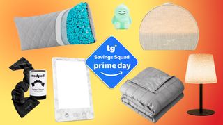 The BedELITE cooling body pillow, The Pal Company Mini Pal, Hatch Restore 3, EZVALO Shower Lamp, Bare Home weighted blanket, Verilux light therapy lamp, Nodpod weighted eye mask. In the middle is a Tom's Guide Savings Squad Prime Day graphic