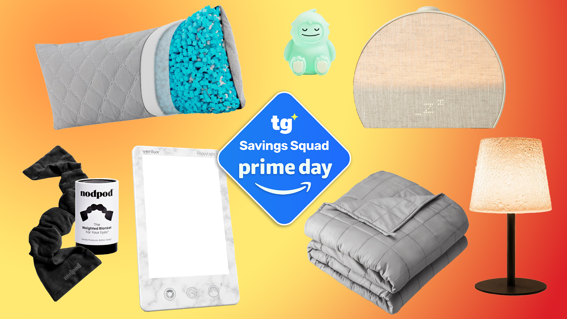 The BedELITE cooling body pillow, The Pal Company Mini Pal, Hatch Restore 3, EZVALO Shower Lamp, Bare Home weighted blanket, Verilux light therapy lamp, Nodpod weighted eye mask. In the middle is a Tom's Guide Savings Squad Prime Day graphic