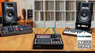 Image of Akai MPC One, Akai MPK Mini, studio monitors, and synthesizer
