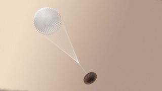 An artist's illustration of the European Space Agency's Schiaparelli Mars lander parachuting down to the surface during its Oct. 19, 2016 descent.