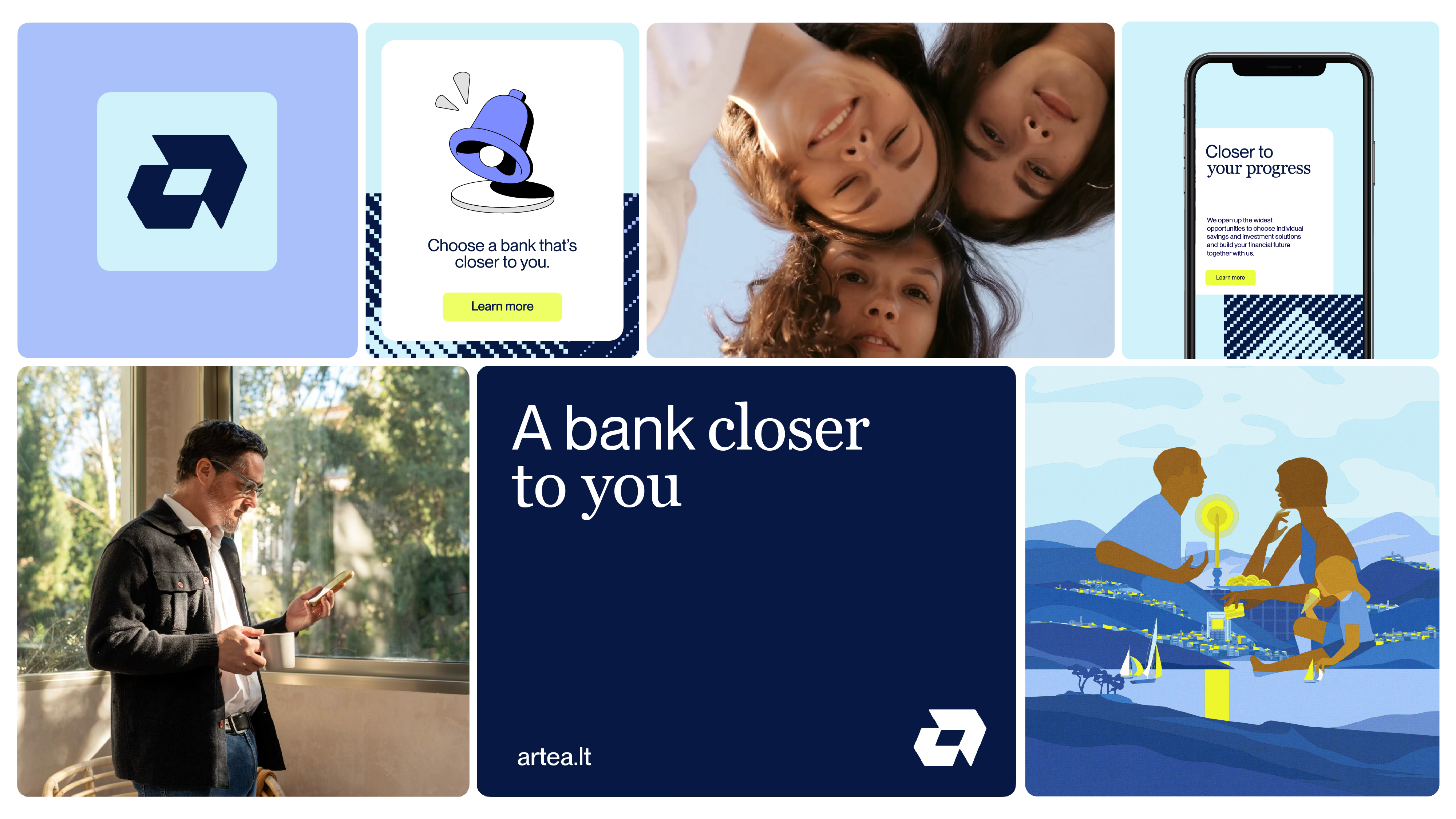 Artea bank branding showcase showing the logo and bank branding on a phone plus illustrations