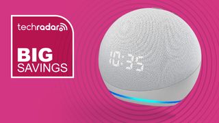 Amazon Echo speaker on pink background with white text reading "TechRadar Big Savings"